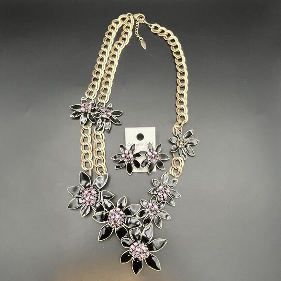 Vtg Coldwater Creek Art Deco Jewelry Set Color Changing Rhinestones Black Enamel - Picture 1 of 15